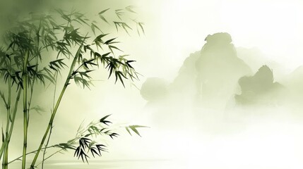 Bamboo and Misty Mountains Chinese Painting