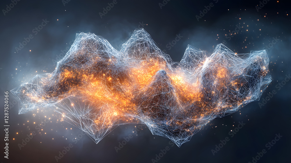 Poster abstract network of interconnected orange and white lines forming a dynamic pattern on a dark backgr