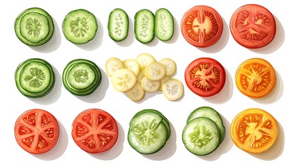 A stylish flat design of vegetable cross-sections, featuring neatly sliced cucumbers, onions, tomatoes, and peppers. Smooth vector lines, soft gradients,