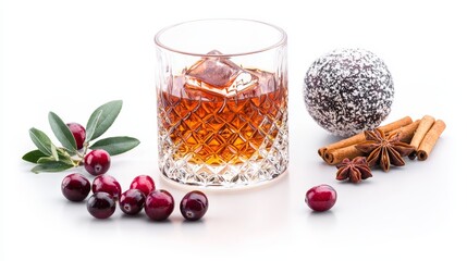 Festive maple bourbon old fashioned in a crystal tumbler, surrounded by Thanksgiving spices and cranberries, vibrant detail, isolated on white background
