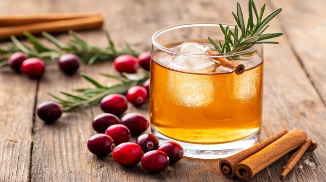 Festive glass of ginger beer, chilled with ice, surrounded by cranberries, cinnamon sticks, and a sprig of rosemary for Thanksgiving, rustic wood background
