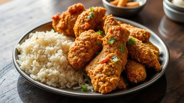 Perfectly golden and crispy Thai gourmet fried chicken served with fragrant rice, known as khao mun kai tod, crispy, gourmet, street food