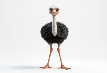 Fototapeta premium Standing Cartoon Ostrich Character with Large Eyes on White Background