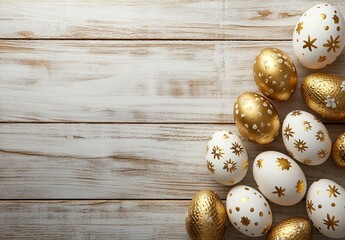 Obraz premium Happy Easter Background with Golden-Painted Eggs on Wooden Table, Flat Lay, Top View, Free Space for Text, Elegant Colors