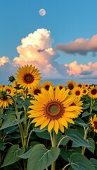 Fototapeta premium Sunflowers bloom under a vibrant sky with a full moon and clouds during sunset