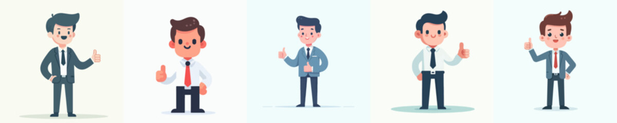 A vector image of a happy businessman standing and giving a thumbs-up, designed in a flat style that is simple and minimalist, with a plain white background.