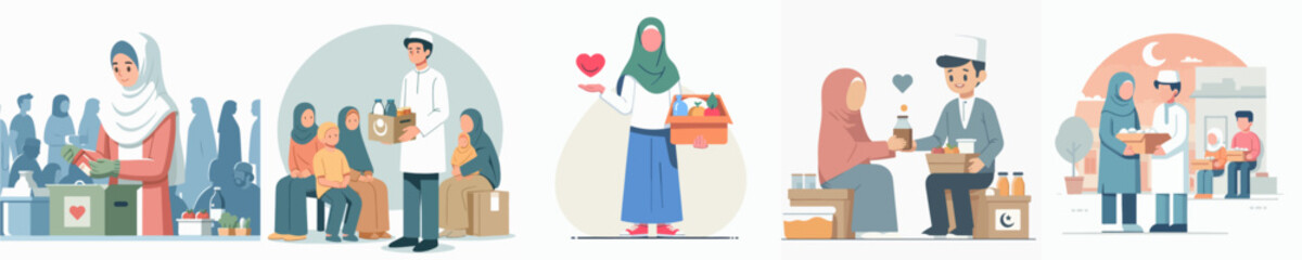 A vector graphic in flat design style, simple and minimalist, of a Muslim teenager volunteering at a charity, distributing food on a plain white background.