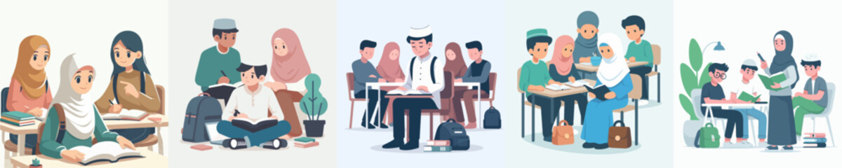 A vector graphic in flat design style, simple and minimalist, of a Muslim teenager studying with friends on a plain white background.