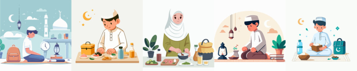 A vector illustration in flat design style, simple and minimalist, of a Muslim teenager preparing for Ramadan on a plain white background.
