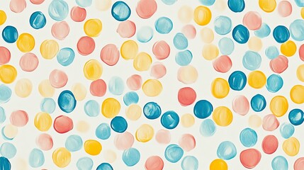 A vibrant pattern of colorful dots in shades of pink, blue, yellow, and peach on a light background, creating a cheerful and playful aesthetic.