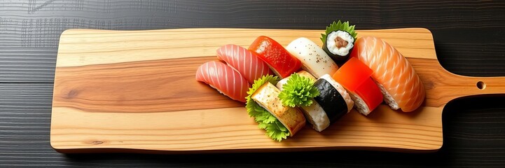 Top view of a beautifully arranged Japanese sushi kaiseki platter on a wooden board, paired with vibrant vegetable display, wooden board, combo, fine dining