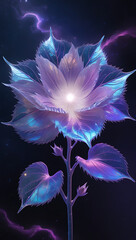 Cosmic begonia flower with luminescent blue petals and golden veins against a starry backdrop. Created with generated AI.