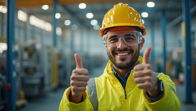 Industrial Safety & Professionalism concept , A cheerful factory worker in a yellow hard hat and safety glasses gives two thumbs up, indicating approval and satisfaction.