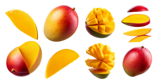 Fresh Mango Fruit Slices and Chunks in Bright Colors on White Background, isolated on transparent background