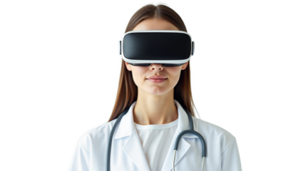 Female doctor with VR headset, future of medicine and telehealth concept. Isolated on transparent background for easy design integration. Modern healthcare solution.
