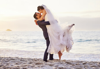 Wedding, love and couple on beach happy for celebration, ceremony and marriage in nature....