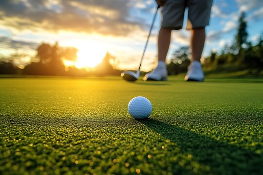 Golf ball on green at sunset