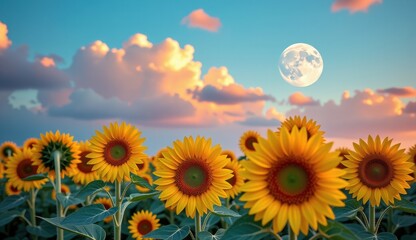Obraz premium Sunflowers bloom under a vibrant sky with a full moon and clouds during sunset