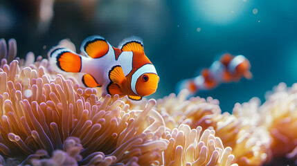 A small orange and white fish is swimming in a sea of green and yellow cora