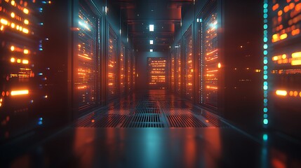 Futuristic data center corridor illuminated by vibrant orange and blue lights, showcasing advanced technology