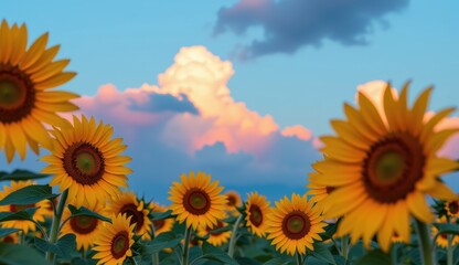 Obraz premium Sunflowers bloom under a vibrant sky with a full moon and clouds during sunset