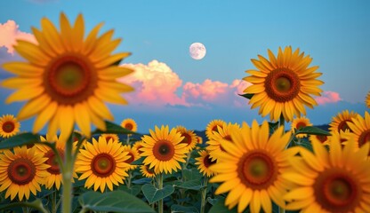 Fototapeta premium Sunflowers bloom under a vibrant sky with a full moon and clouds during sunset