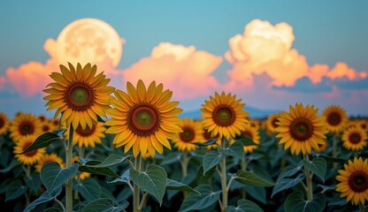 Fototapeta premium Sunflowers bloom under a vibrant sky with a full moon and clouds during sunset