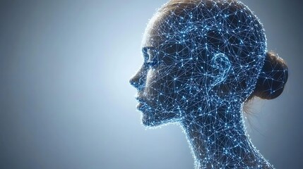 Futuristic digital representation of a woman's profile with interconnected nodes and lines, symbolizing technology and innovation