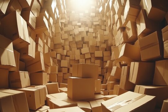 A massive pile of cardboard boxes fills a room, creating a chaotic yet intriguing visual. Illustrates concepts of storage, warehousing, or overwhelming quantity.