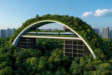 A powerful train traversing a bridge above a lush forest showcasing engineering and nature's harmony