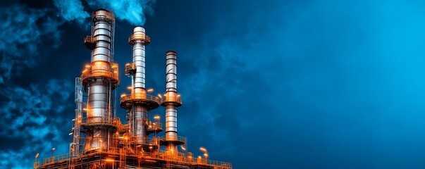 Massive industrial refinery surrounded by blue sky and clouds with pipes and tanks in view