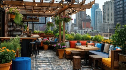 Naklejka premium Rooftop Garden Bar with City Skyline View