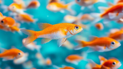 Colorful fish swimming among a school of fish in clear blue water of underwater environment