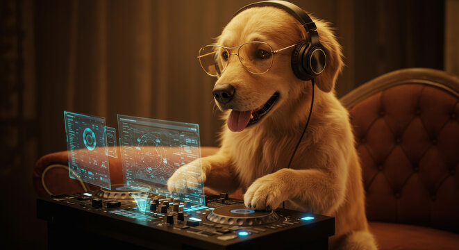 Golden retriever dog wearing headphones and glasses mixes music