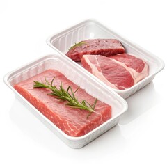 Fresh Sealed Packaged Meat Cuts with Rosemary on White Background