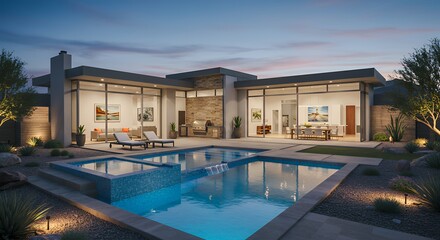 Fototapeta premium Luxury Home Backyard Swimming Pool at Dusk with Modern Architecture