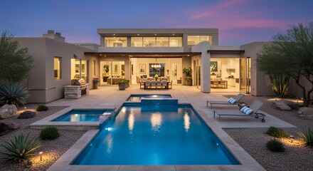 Luxury Home with Swimming Pool and Outdoor Dining Area at Dusk
