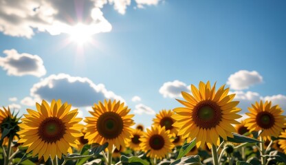 Obraz premium Sunflowers bloom under a vibrant sky with a full moon and clouds during sunset