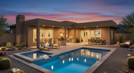 Fototapeta premium Modern Home with Pool and Spa at Sunset in Desert Landscape