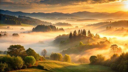 Fototapeta premium Golden Sunrise Illuminates Misty Valley Landscape with Rolling Hills and Verdant Trees