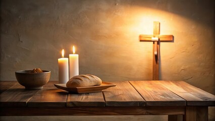 Naklejka premium A Simple Table Setting with Lit Candles, Bread, and a Wooden Cross in the Background