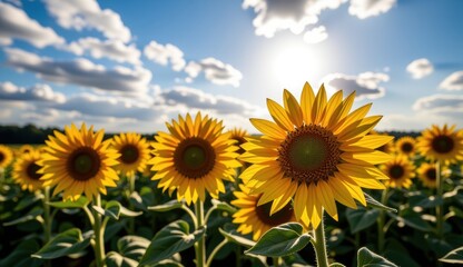 Fototapeta premium Sunflowers bloom under a vibrant sky with a full moon and clouds during sunset