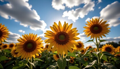 Obraz premium Sunflowers bloom under a vibrant sky with a full moon and clouds during sunset