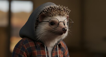 Obraz premium Hedgehog Wearing Glasses and Hoodie in Relaxed Indoor Setting