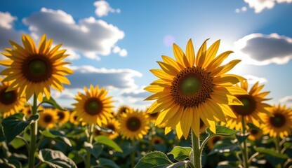 Sunflowers bloom under a vibrant sky with a full moon and clouds during sunset