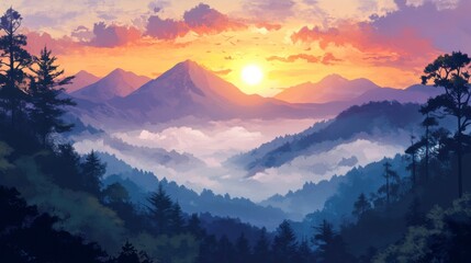 Obraz premium A peaceful mountain landscape with warm sunlight illustration