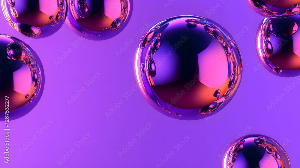 Poster group of shiny spheres arranged on a vibrant purple background creating a visually striking composit