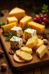 Exquisite Assorted Cheese Textures - Creamy Brie, Semi-Hard Swiss, Aged Cheddar, and Marbled Blue Cheese on a Rustic Board with Cinematic Lighting and Ultra-Realistic Gourmet Food Photography