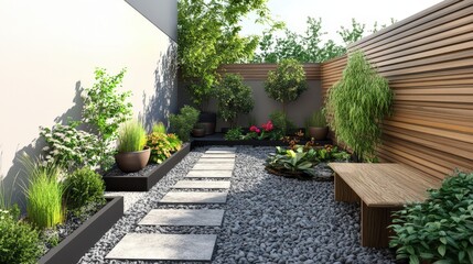 Serene Modern Garden Design Featuring Stone Path And Lush Greenery