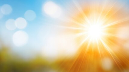 Fototapeta premium A bright sun radiates warmth against a soft blue sky, creating a serene atmosphere filled with light and vibrant bokeh effects.